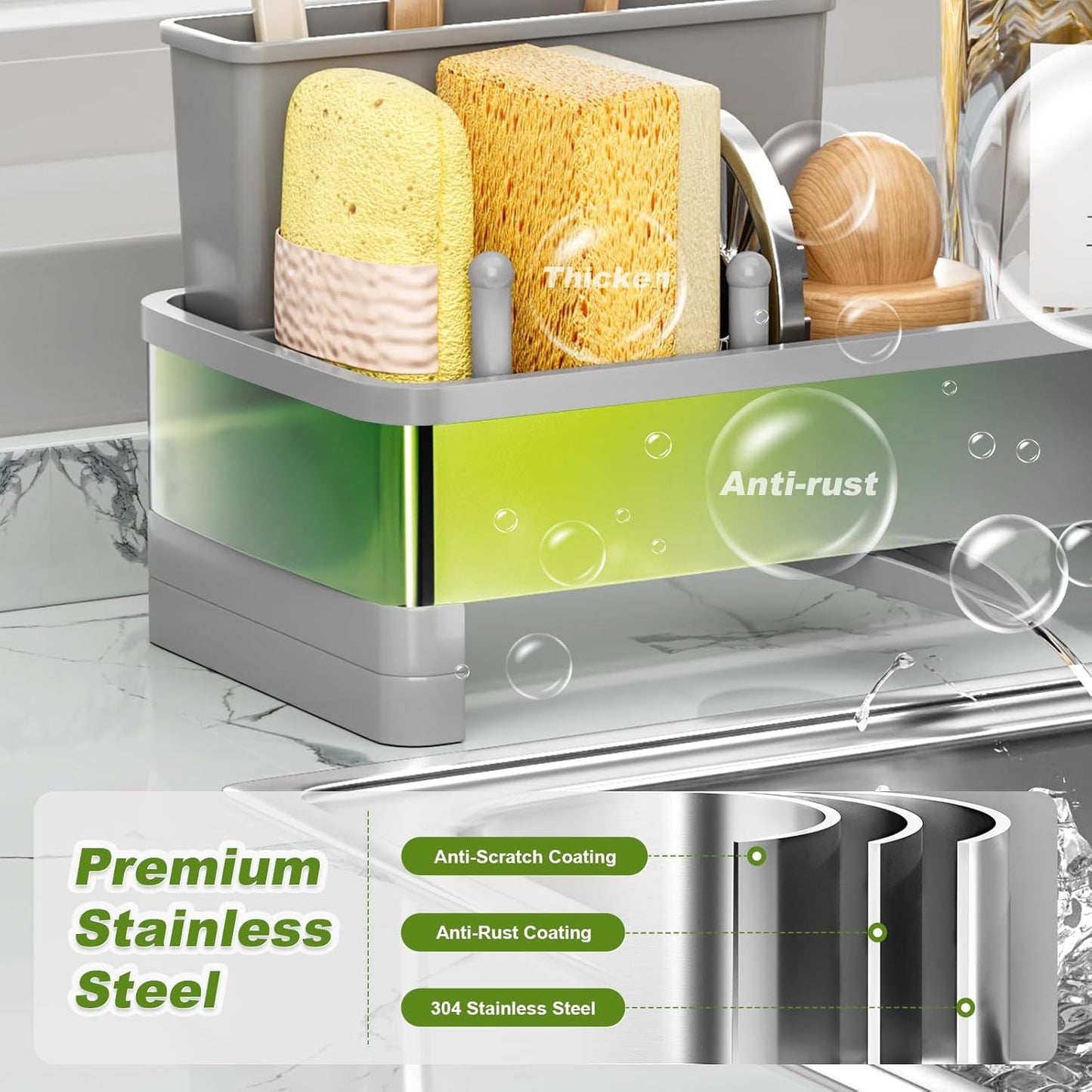 Ewaiira Stainless Steel Sink Caddy, Sponge Holder for Kitchen Sink with Brush Holder and Towel Rack, Sink Organizer for Countertop, Soap Dispenser Kitchen Organizers Storage Essentials (A-Black)