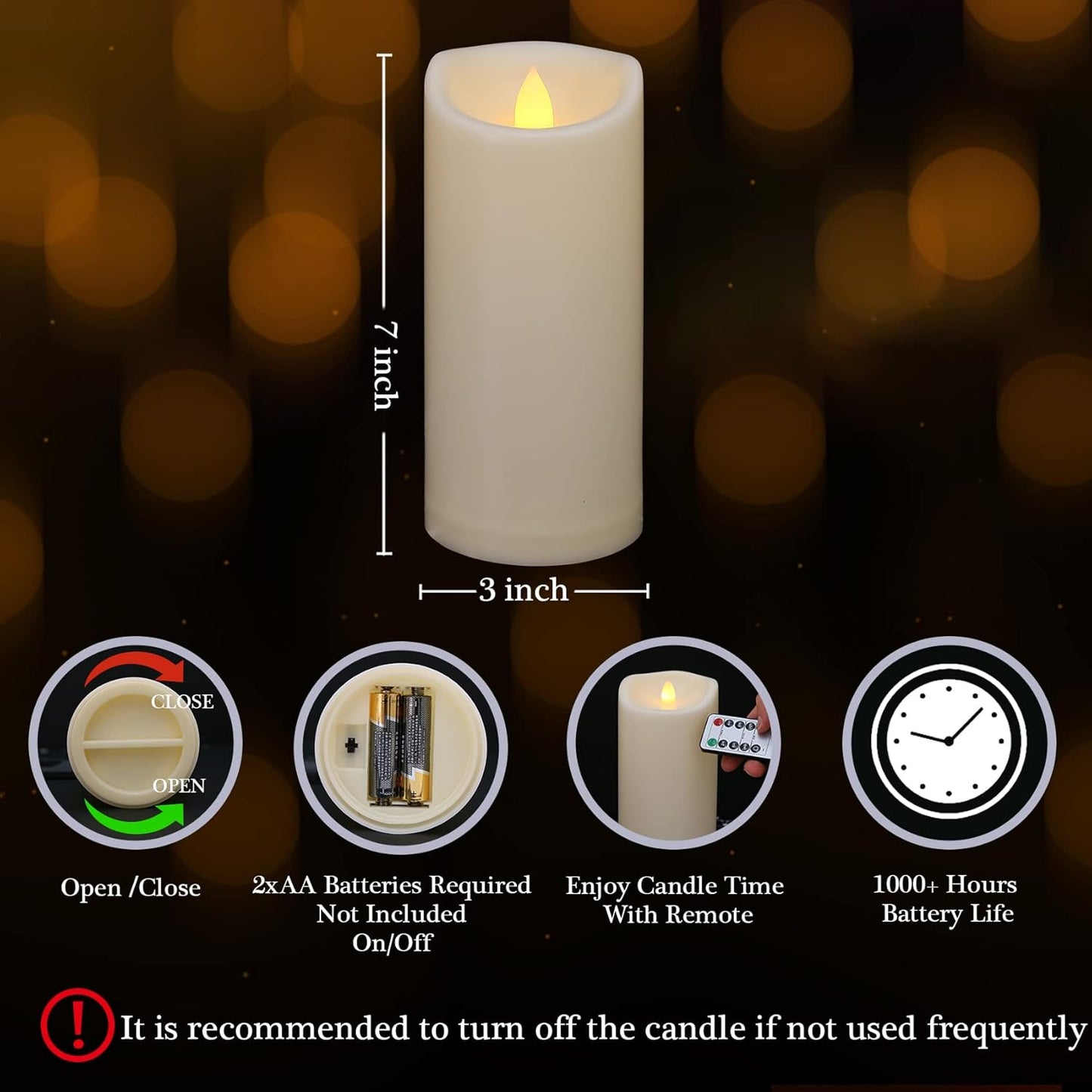 Flameless Flickering Candles with Remote and Timers, 1000 Hours Waterproof Outdoor Indoor Battery Operated LED Pillar Candles, Ivory Plastic, Set of 3(D 3" x H 4" 5" 6")