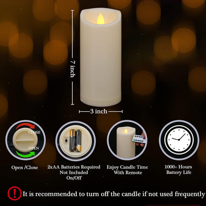 Flameless Flickering Candles with Remote and Timers, 1000 Hours Waterproof Outdoor Indoor Battery Operated LED Pillar Candles, Ivory Plastic, Set of 3(D 3" x H 4" 5" 6")