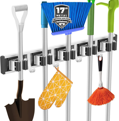 reliahom Broom Holder Wall Mount Mop Hanger Tools organizer 4Racks 5Hooks | Adjustable Mop Broom Wall Hanging Heavy duty Tools Storage Rack Space-saving for Garage,Kitchen,Laundry Room,Garden, Silver
