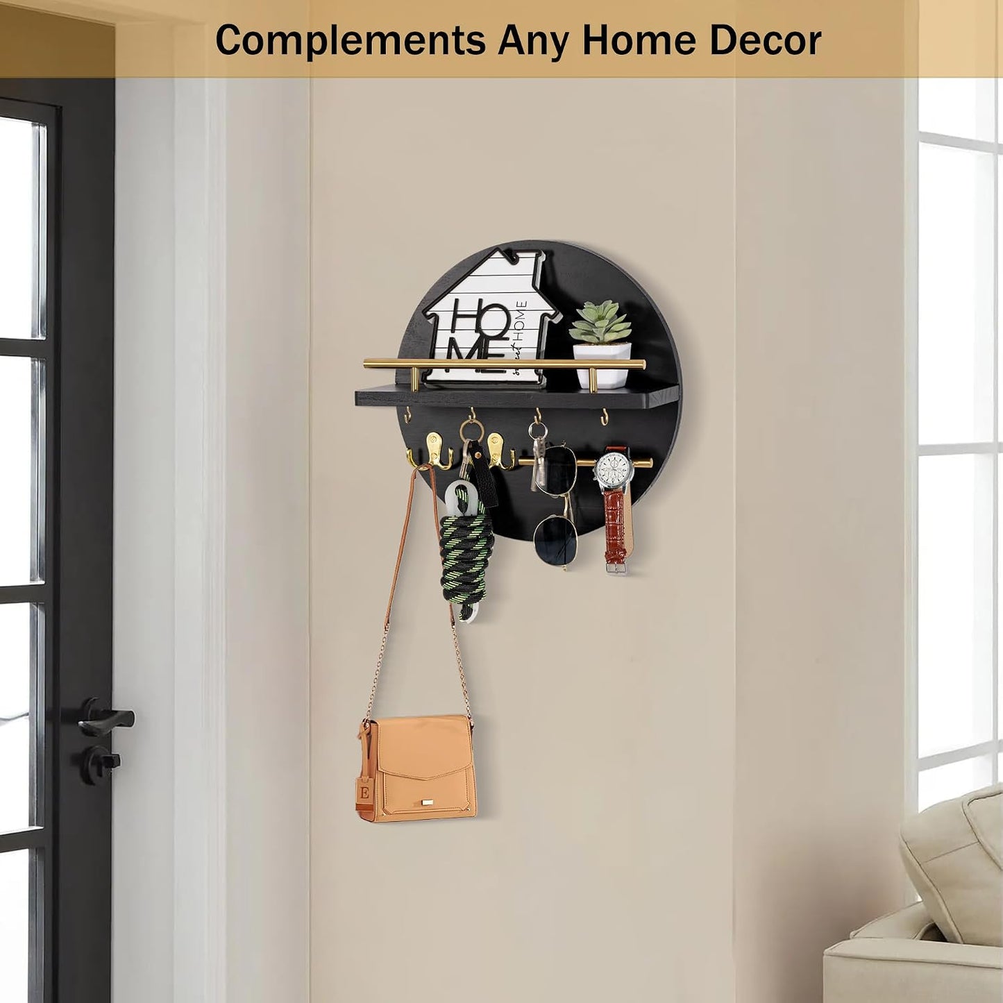 dreampossible Key Holder for Wall Decorative with Shelf and Hooks, Mail Organizer Wall Mount, Circular Design Entryway Key Rack Hanger, Rustic Home Decor (Black)