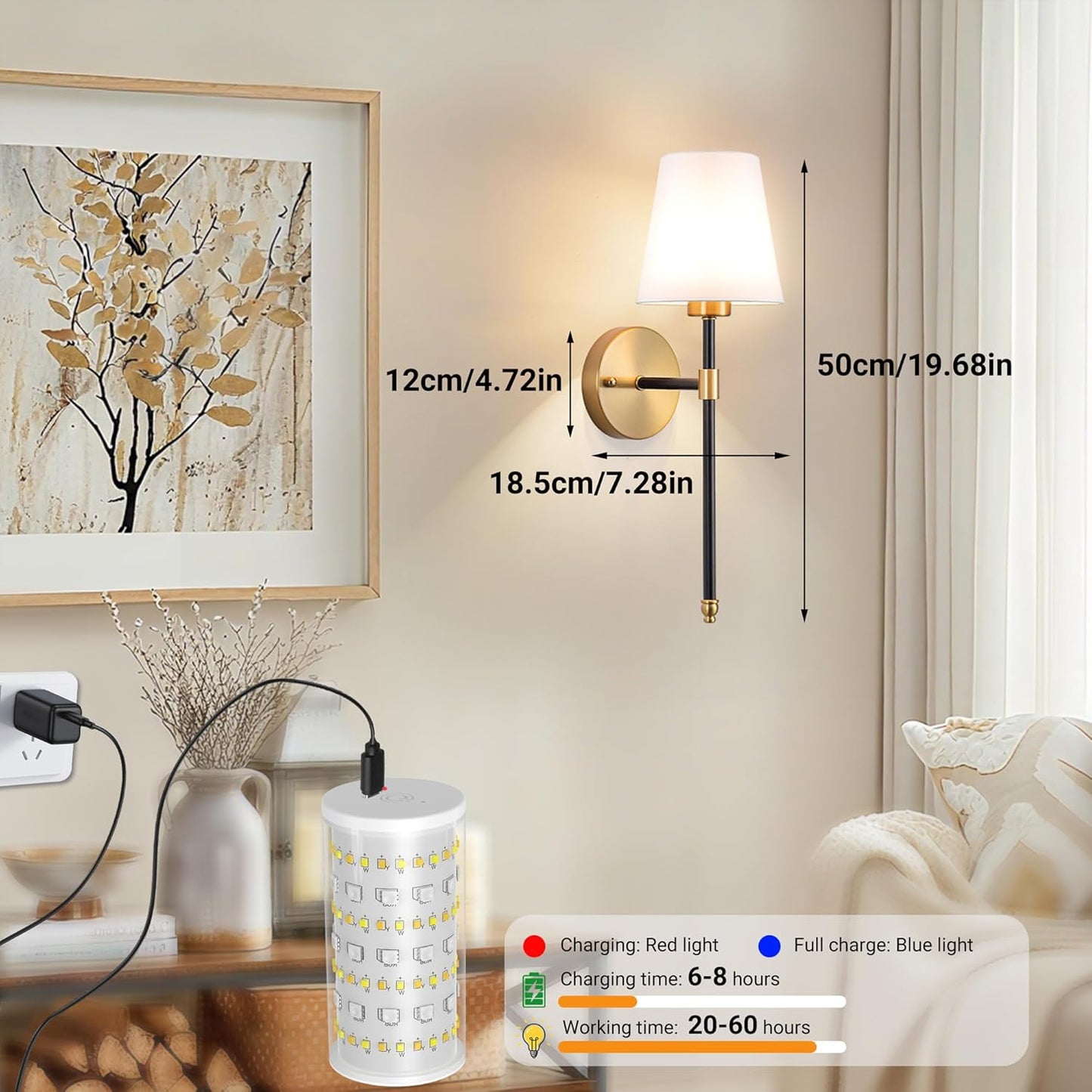 Nekhung Battery Operated Wall Sconces Set of Two, Wireless Battery Wall Light with 10000mAh RGB Dimmable Magnetic Bulb and Remote, Rechargeable Sconce Wall Decor for Bedroom Living Room Hallway
