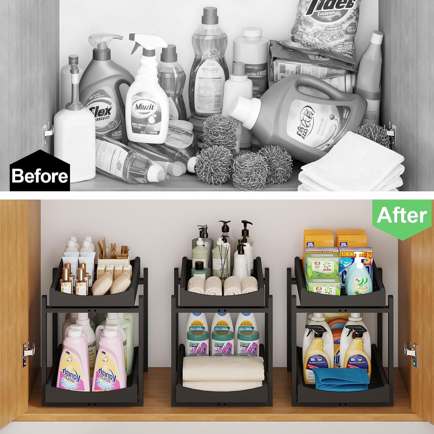 Bamboo Under Sink Organizer and Storage, 2 Pack Pull Out Cabinet Organization, 2 Tier Vertical Slide Out Undersink Storage Shelf, Multi-Purpose Organizer Shelves for Kitchen Bathroom Medicine