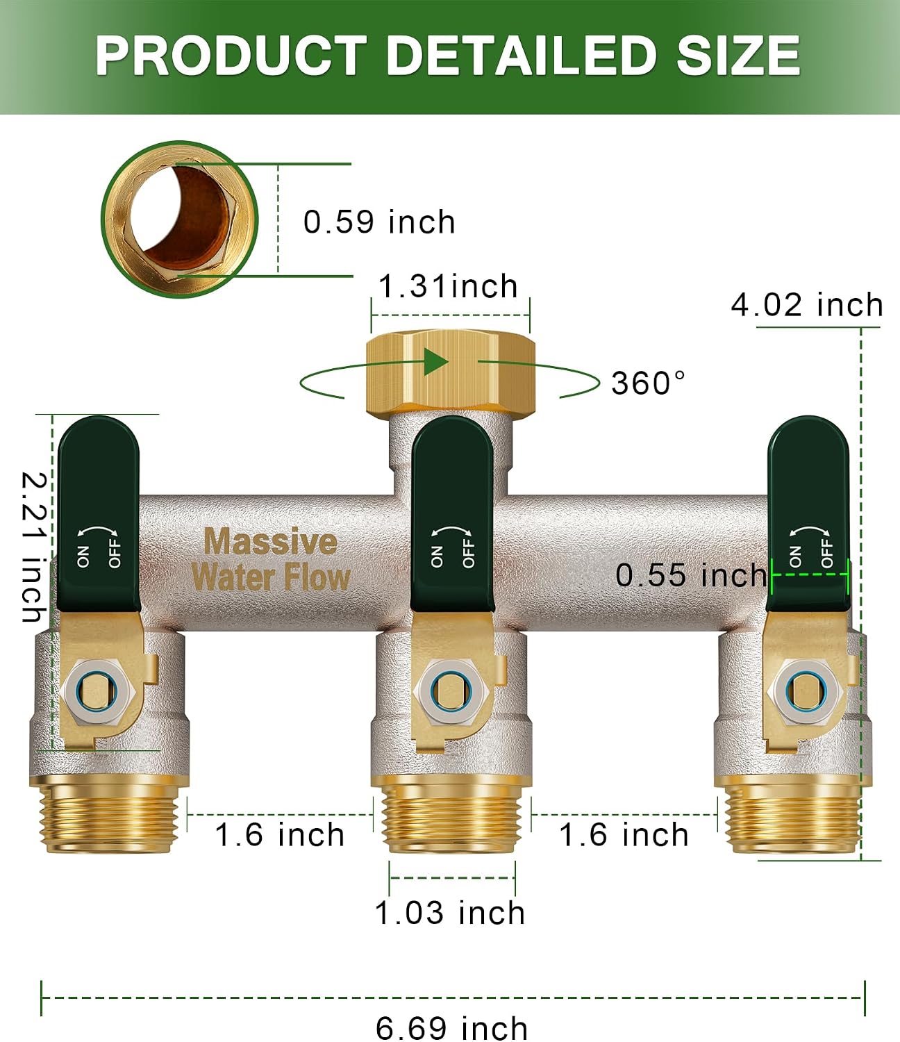 Garden Hose Splitter 3 Way Heavy Duty Brass Nickel Plated Hose Splitter with Large Handle, Full Flow Water Hose Spigot Splitter with Shutoff Valve, T Adapter Connector, 3/4 - Inch GHT Thread（Green）