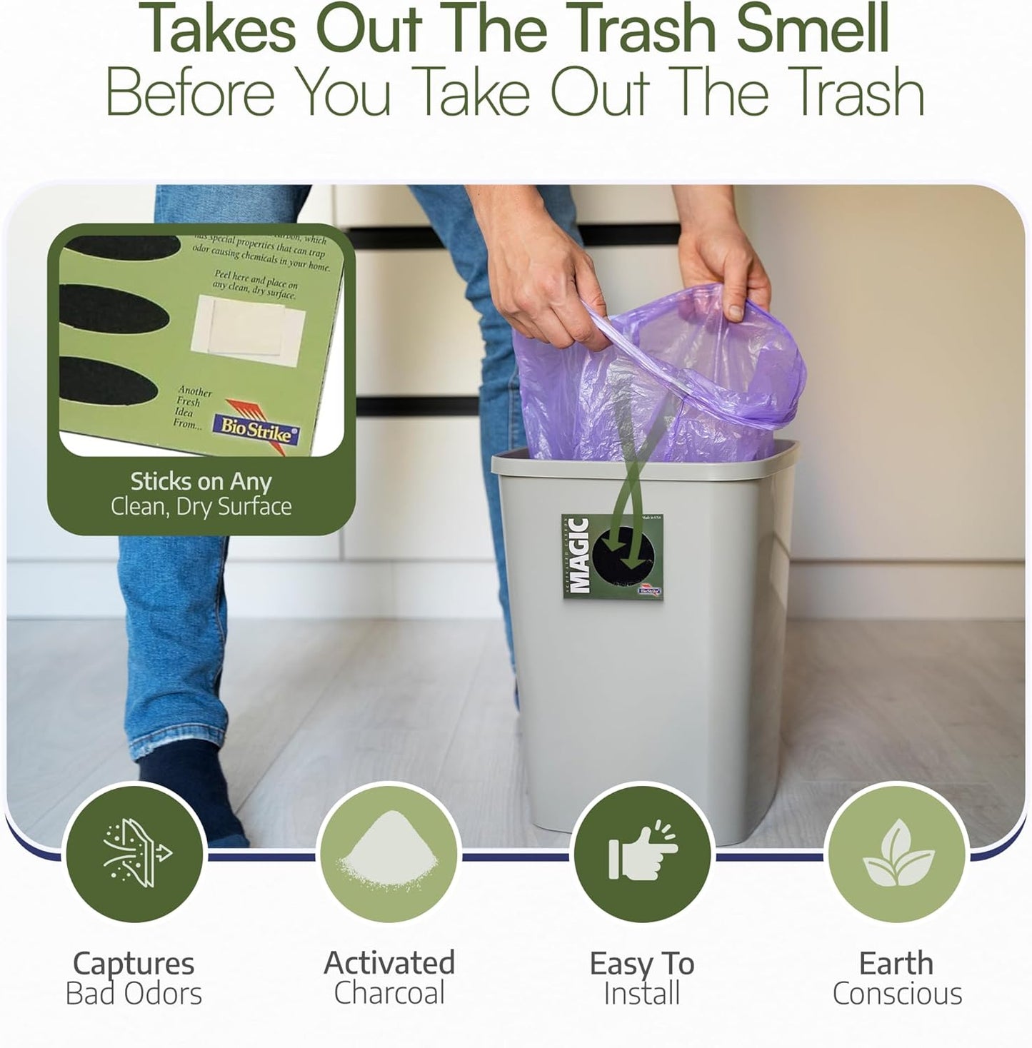 Trash Magic Activated Charcoal Trash Can Odor Eliminator - Peel & Stick Garbage Can Deodorizer - Air Freshener for Fridge, Compost, Drawers & Diaper Pails - Lasts 4 Months - Made in USA (8 Pack)
