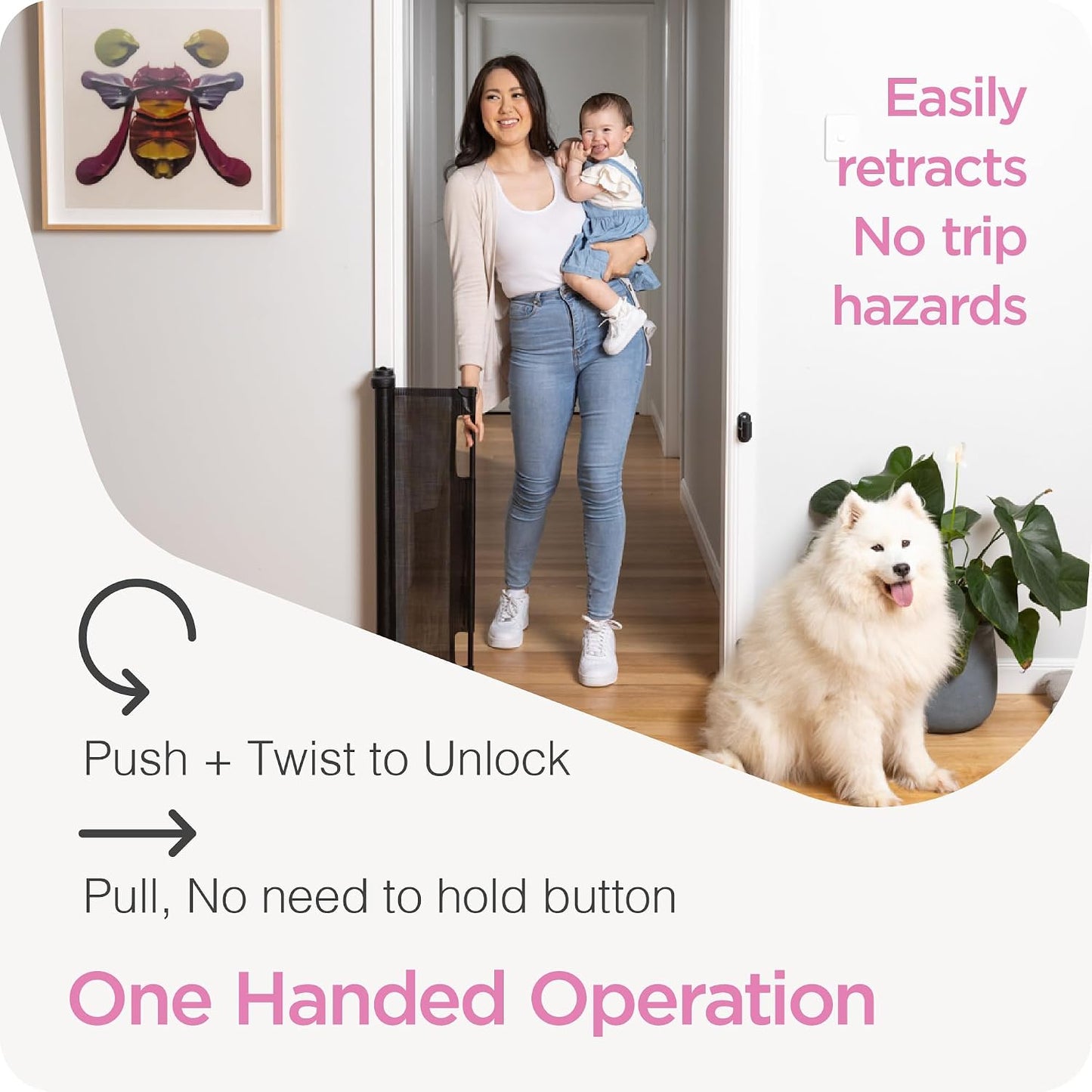Retractable Baby Gate Perma Child Safety 33" Tall x 55” Wide, Mesh, for Stairs, Doorways, Dogs, Pets, Indoor, Outdoor, One-Handed Operation, Locking, Easy Install, Hardware Mount, White