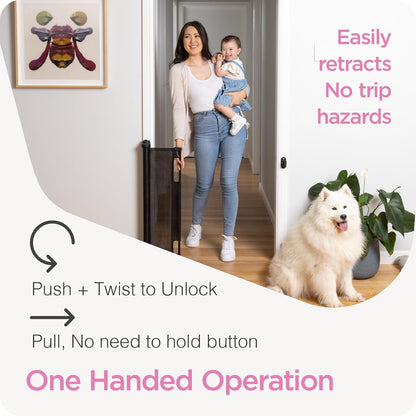 Retractable Baby Gate Perma Child Safety 33" Tall x 55” Wide, Mesh, for Stairs, Doorways, Dogs, Pets, Indoor, Outdoor, One-Handed Operation, Locking, Easy Install, Hardware Mount, White