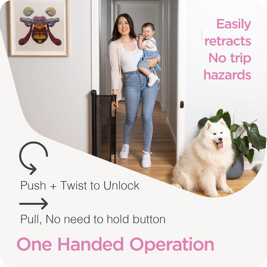 Retractable Baby Gate Perma Child Safety 33" Tall x 55” Wide, Mesh, for Stairs, Doorways, Dogs, Pets, Indoor, Outdoor, One-Handed Operation, Locking, Easy Install, Hardware Mount, White