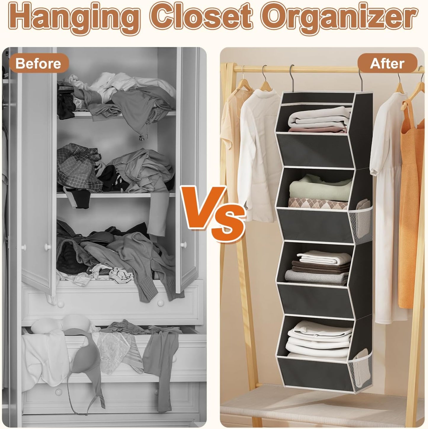 Hanging Closet Organizer 4 Shelf Collapsible Bedroom Closet Organizers and Storage Hanging with Mesh Pockets for Clothes, Fabric Hanging Storage Bins for Wardrobe Closet Organization and Storage, Grey