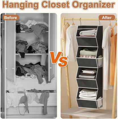 Hanging Closet Organizer 4 Shelf Collapsible Bedroom Closet Organizers and Storage Hanging with Mesh Pockets for Clothes, Fabric Hanging Storage Bins for Wardrobe Closet Organization and Storage, Grey