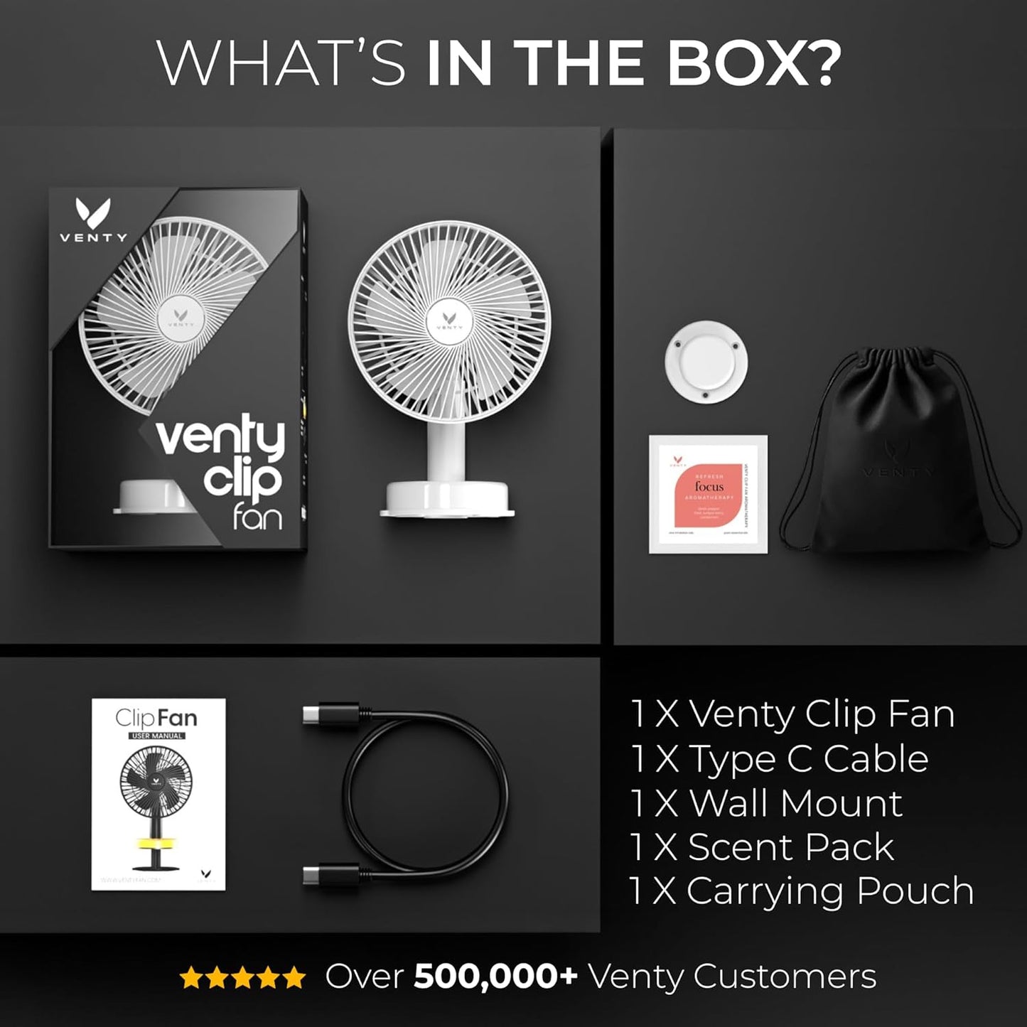 VENTY Portable Clip Fan - Rechargeable 10-Hour Battery Portable Fan - 360° Rotation & 90° Tilt - Stroller, Desk or Bedside - Aromatherapy & LED Light - USB-C cable & Carrying Pouch