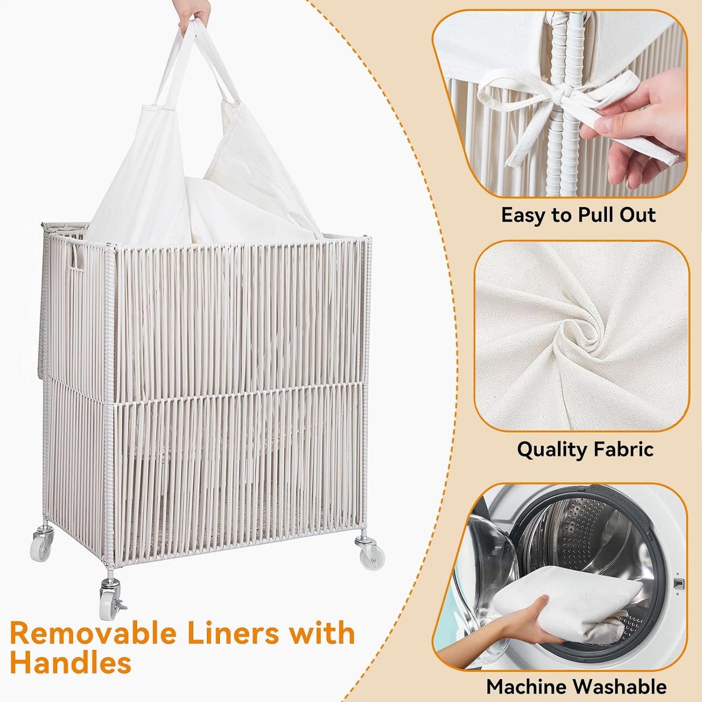 WOWLIVE Laundry Hamper with Wheels, 160L Handwoven Rolling Laundry Basket 3 Section with Lid, Clothes Hamper with Removable Liner Bags, Large Capacity Laundry Sorter Laundry Room Organization, Natural