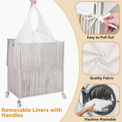 WOWLIVE Laundry Hamper with Wheels, 160L Handwoven Rolling Laundry Basket 3 Section with Lid, Clothes Hamper with Removable Liner Bags, Large Capacity Laundry Sorter Laundry Room Organization, Natural