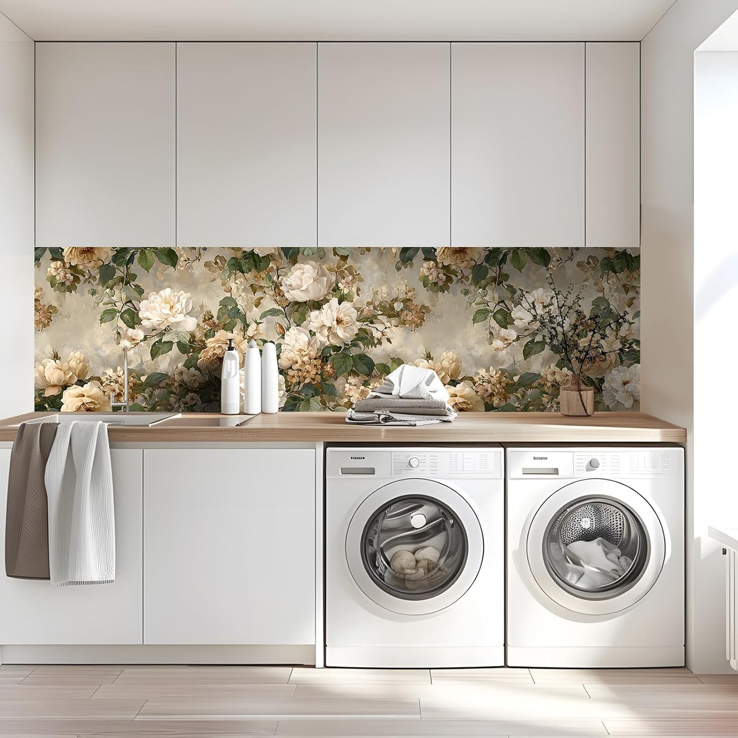 Peel and Stick Wallpaper, Soft Wildflower Botanical Contact Paper, PVC Vinyl Removable Wall Covering, Waterproof Easy-Clean, No Residue Renter Friendly, Neutral Decor, 39.4x17.3 in (Flowers2)