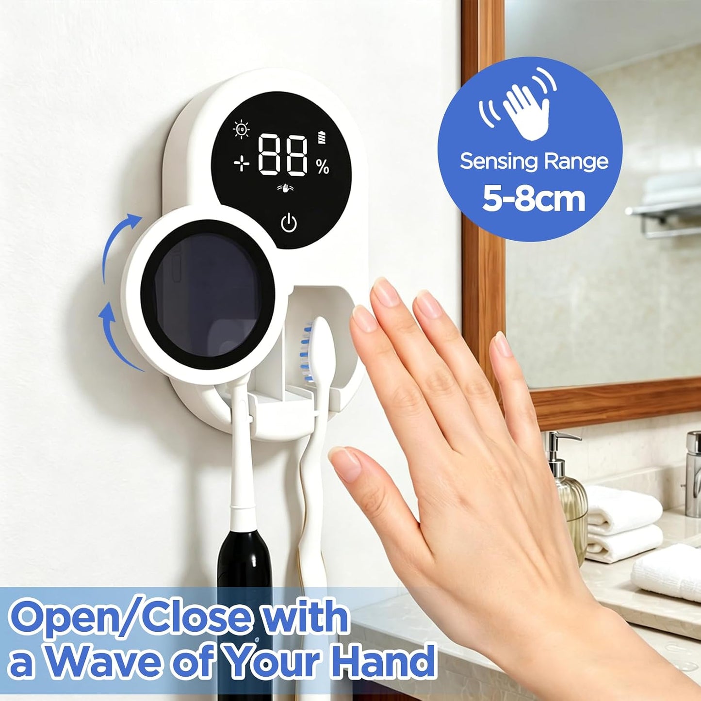 Toothbrush Sanitizer Holder – Wall Mounted Toothbrush Organizer with 60s Fast Sterilization, USB Charging, Auto-Inductive Cover, Fits Most Electric Manual & Kids Toothbrushes
