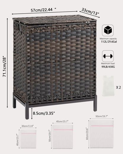 SETVSON Laundry Hamper with Lid 132 L, (35 Gallons) Clothes Hamper with Lid, Handwoven Rattan Laundry Hamper with Metal Heightened Feet, Laundry Hampers with 3 Removable Liner Bags for Laundry-Natural