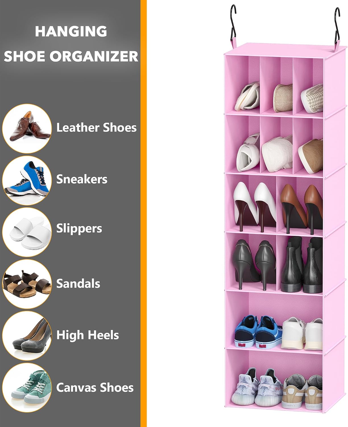 SpaceAid 2 Pack Hanging Closet Organizer and Storage with Dividers, 24 Compartments Hanging Shoe Shelves for Closet, Wardrobe, RV, Garment Rack - Black