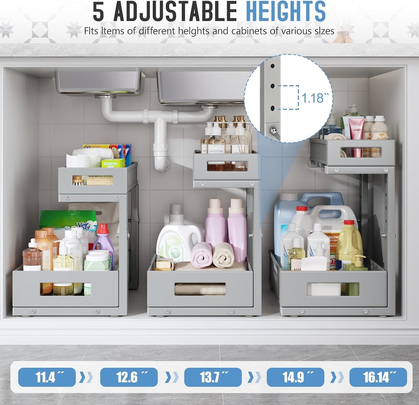 2-Pack Under Sink Storage Organizer, Large 2-Tier Elegant Mesh Pull Out Shelf for Kitchen and Bathroom Cabinet Organization, L-Shaped and Adjustable Height Design,Patent Pending-Black