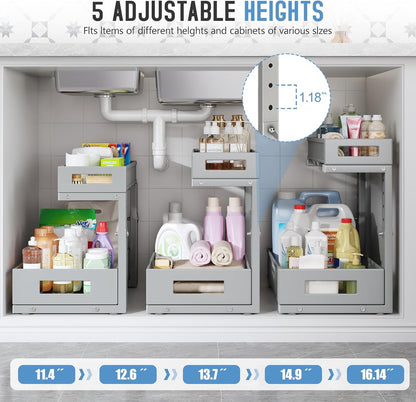 2-Pack Under Sink Storage Organizer, Large 2-Tier Elegant Mesh Pull Out Shelf for Kitchen and Bathroom Cabinet Organization, L-Shaped and Adjustable Height Design,Patent Pending-Black