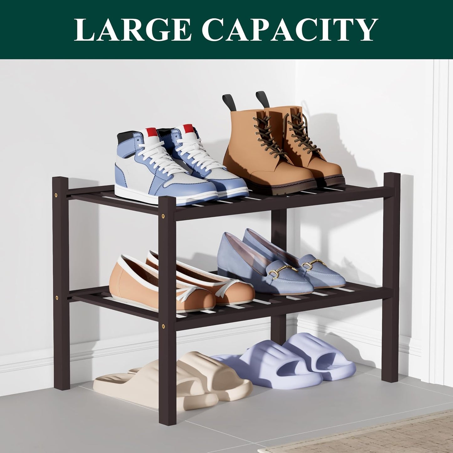 Smiry Bamboo Shoe Rack for Closet, 3 Tier Wooden Shoe Organizer, Stackable Wood Shoe Storage Shelf for Entryway, 14 Vertical Slats, One-piece Heavy-Duty Legs, 26.77"x11.02"x18.31", Natural