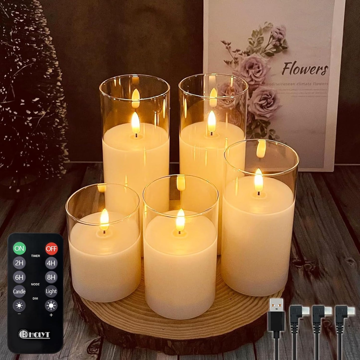 LEDHOLYT Rechargeable Flameless Glass Pillar Candles–Gifts for Women,–Set of 3, Realistic Flickering LED Light,Remote & Timer, Ideal for Living Room, Bedroom & Festival Wedding Home Party Decor