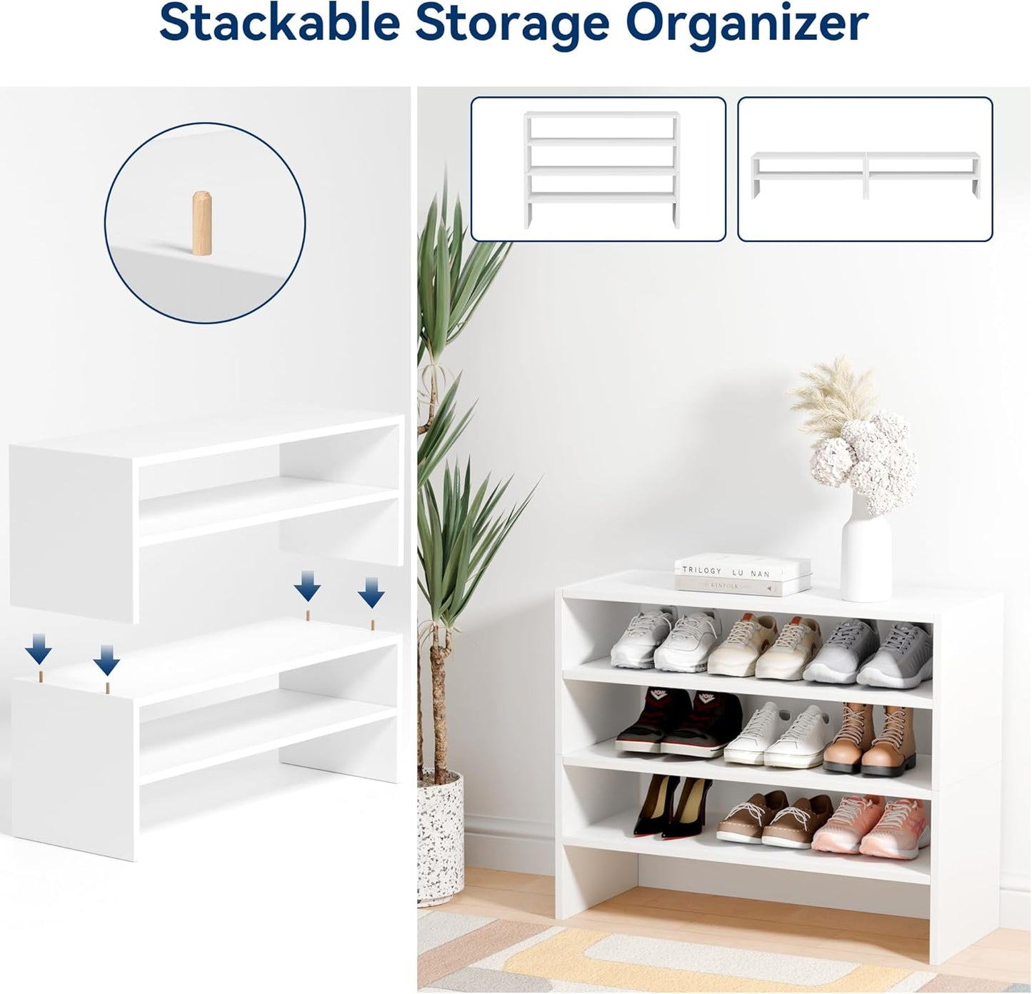 Whitmor Wood Stackable 2-Shelf Shoe Rack, White, 24 inches