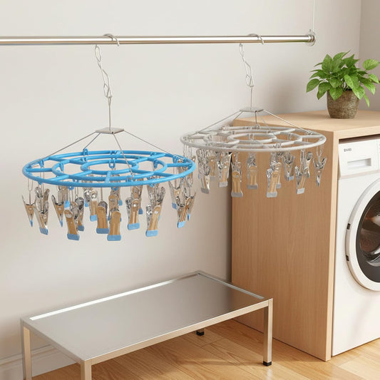 2-Pack Stainless Steel Round Hanging Drying Rack with 48 Clips, Heavy Duty Clothe Drying Rack with Windproof Hook for Socks, Bras, Underwear, Towels, Hats & Laundry Accessories (Blue & Gray)