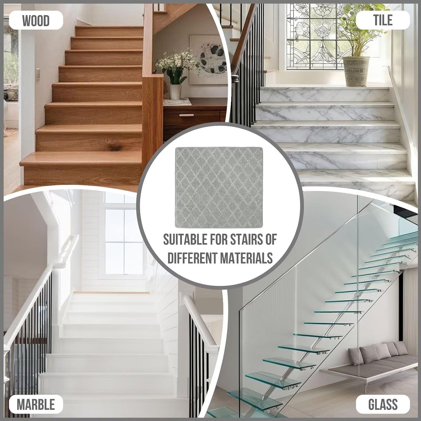 DEXDE Bullnose Stair Treads for Wooden Steps Non-Slip Stair Runner, 14 Pcs | Reusable bullnose carpet Stair Treads Indoor, Peel and Stick Stair Rugs with Edge Protection, Soft Washable, 30"x9.5" Grey