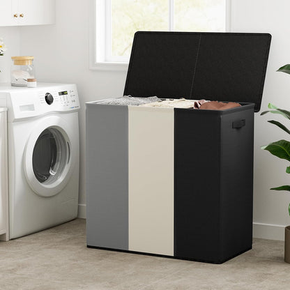 WOWLIVE 180L Laundry Hamper with Lid 3 Section,Large Laundry Basket with Removable Bags and Handles,Collapsible Dirty Clothes Hampers for Laundry,Laundry Basket Organizer for Laundry Room,Dorm,Beige