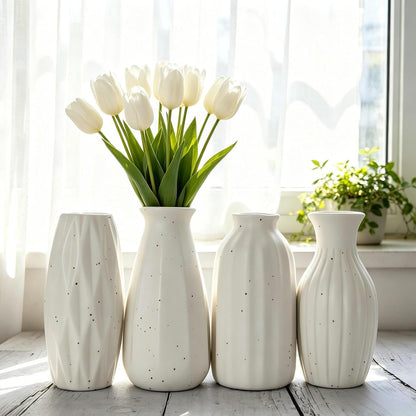 Set of 4 Small White Ceramic Vases Table Flower Vase Modern Decorative Vases for Pampas Grass, Small Vase for Home Living Room Dining Table Farmhouse Office Decor-4.9inch High