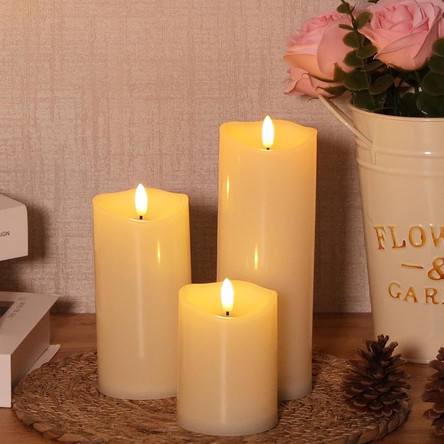 Outdoor Flameless Candles with Remote Timer - Waterproof Realistic Flickering LED Pillar Electric Battery Operated Fake Candle for Holiday Home Wedding Fireplace Decor - Ivory White 3 Pack (4”6”8”)