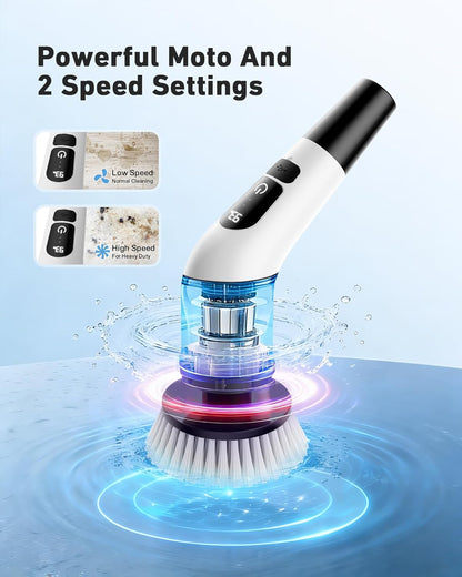 Powerful Electric Spin Scrubber, for Mom, Cordless Cleaning Brush, 90-Min Extended Runtime, Telescopic Long Handle, 8 Replaceable Heads, 2 Speeds for Bathroom, Floor & Glass