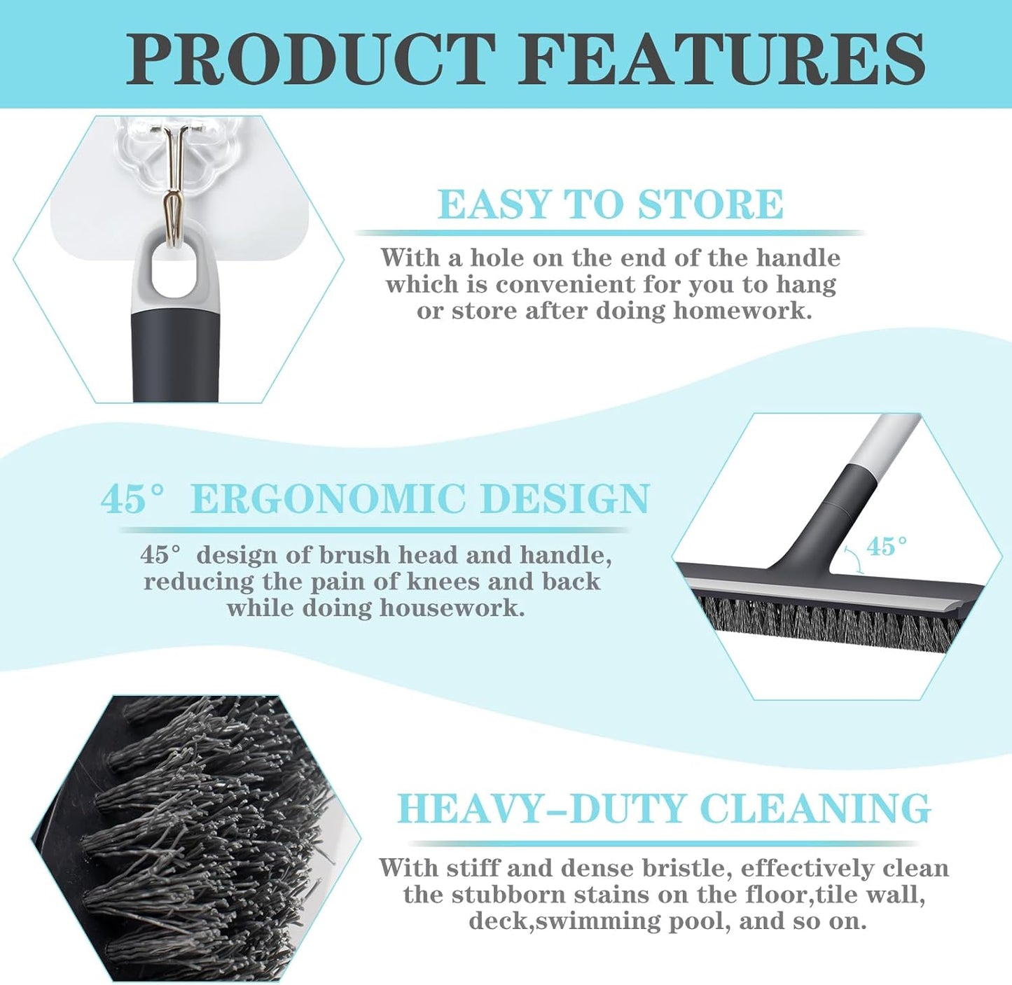 AONEZ Floor Scrub Brush with Long Handle - Adjustable Handle 2 in 1 Scrape and Heavy-Duty Stiff Bristle Floor Scrubber Brush for Cleaning Bathroom, Kitchen Patio Tile Garage and Deck