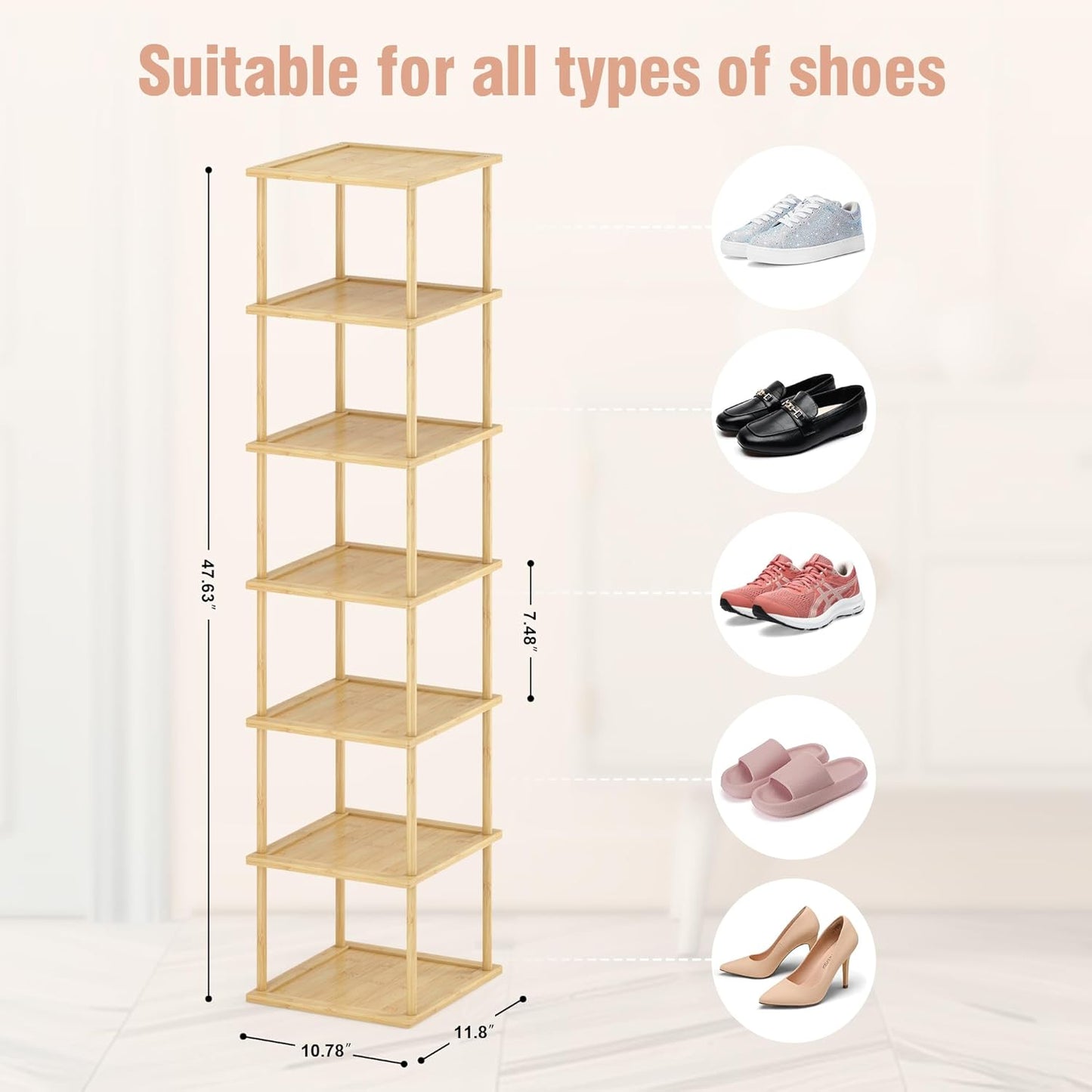 MHXW SXPN Bamboo Free Standing Shoe Rack Shelf Multi Tier Tall Wooden Stackable Shoes Rack Organizer for Closet Front Door Entrance Narrow Vertical Shoe Storage (Nature, 7 Tiers)