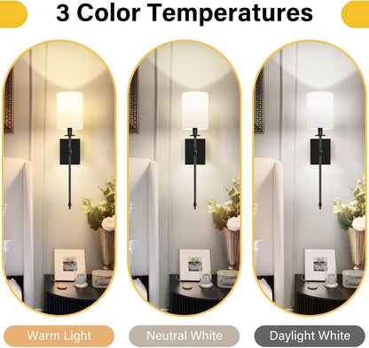 24.8 Inch Black Battery Operated Wall Sconces Set of 2, Rechargeable Wireless Wall Lights with Remote & White Fabric Shade, Indoor Not Hardwired Dimmable Wall Lamps for Bedroom, 2 Bulbs Included