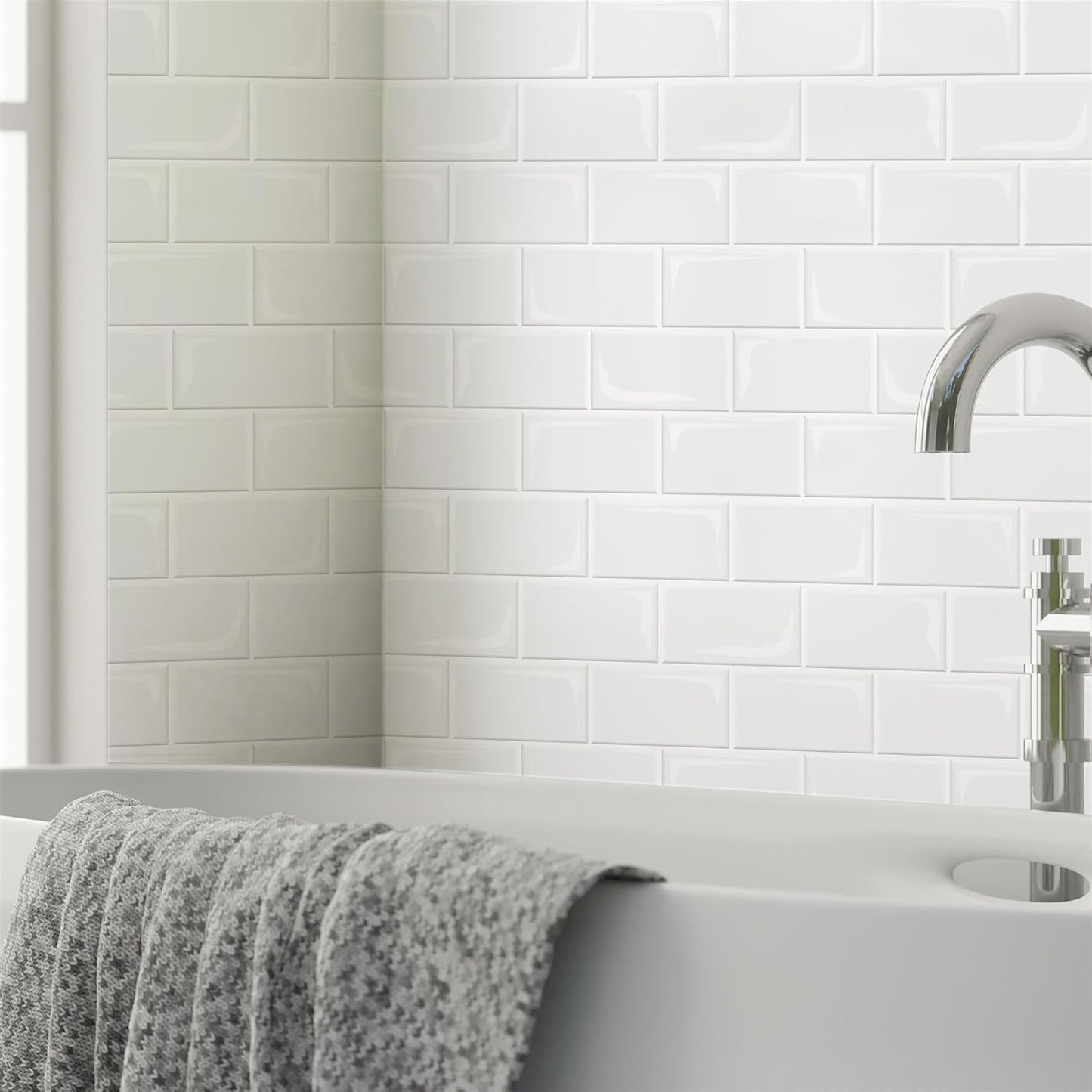WALPLUS 20 Sheets Peel and Stick Kitchen Backsplash Tile Stickers Self Adhesive Stick on Subway Tile 12" x 6" Bathroom Splashback Water Heat Resistant 3D Wall Tiles Pure White Gray