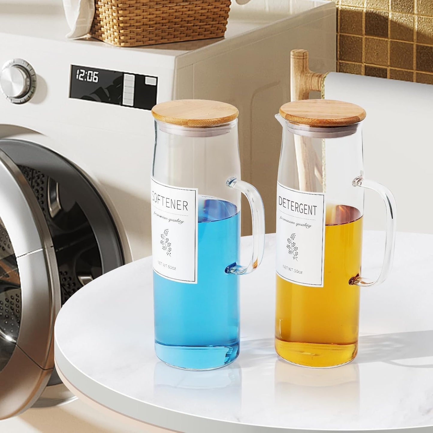 Laundry Detergent Dispenser Set with Labels and Handle for Laundry Room Organization and Storage- Easy Pour 2 Pack 50 oz Liquid Laundry Containers for Laundry Room Decor, Farmhouse Decor