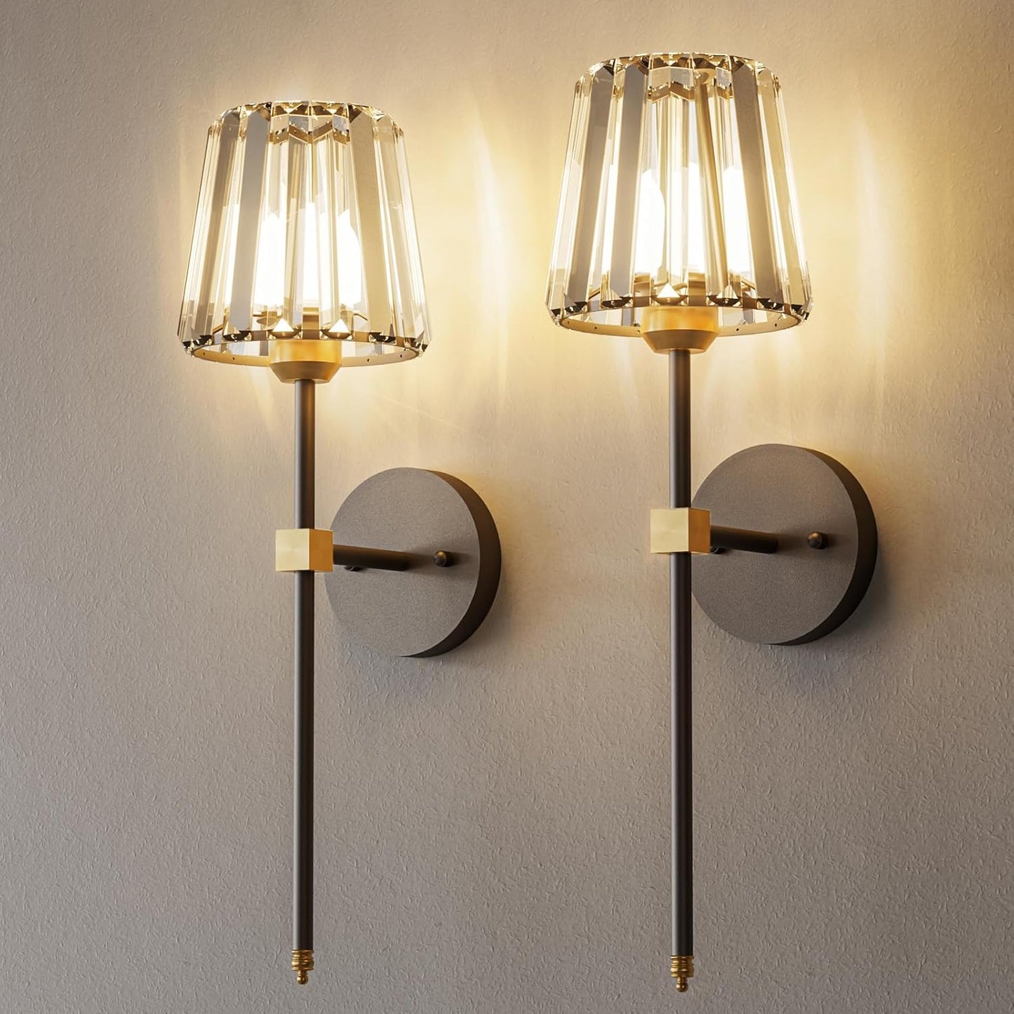 Crystal Battery Operated Wall Sconces Set of 2, Gold Rechargeable Wireless Wall Sconce Lights with Crystal Lampshade, 12 RGB and 3CCT Dimmable Wall Lamps with Remote for Bedroom Living Room Hallway