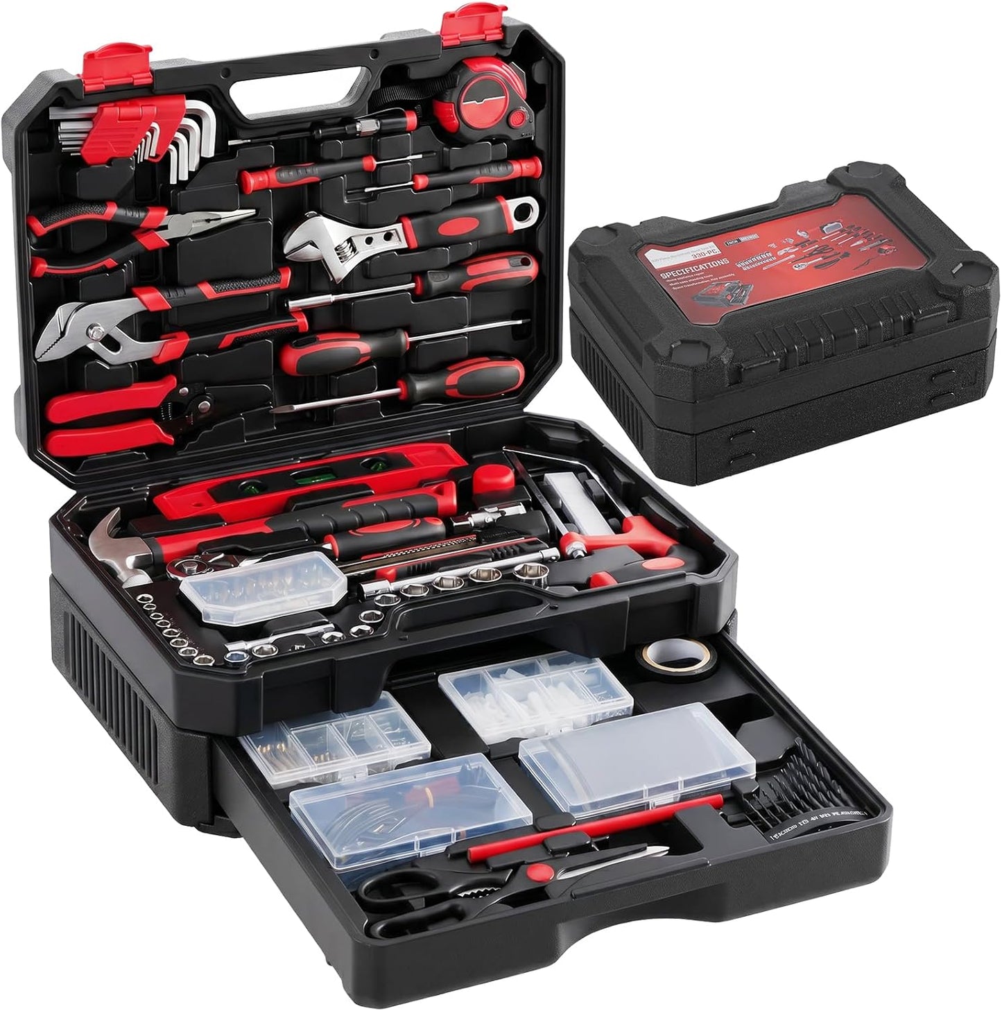 DUMOS 330-Piece Complete Homeowners Tool Box Set with Pull-Out Drawer | Durable Tool Kit, Versatile Home Repair Tool Kit for Auto & Household, DIY Projects