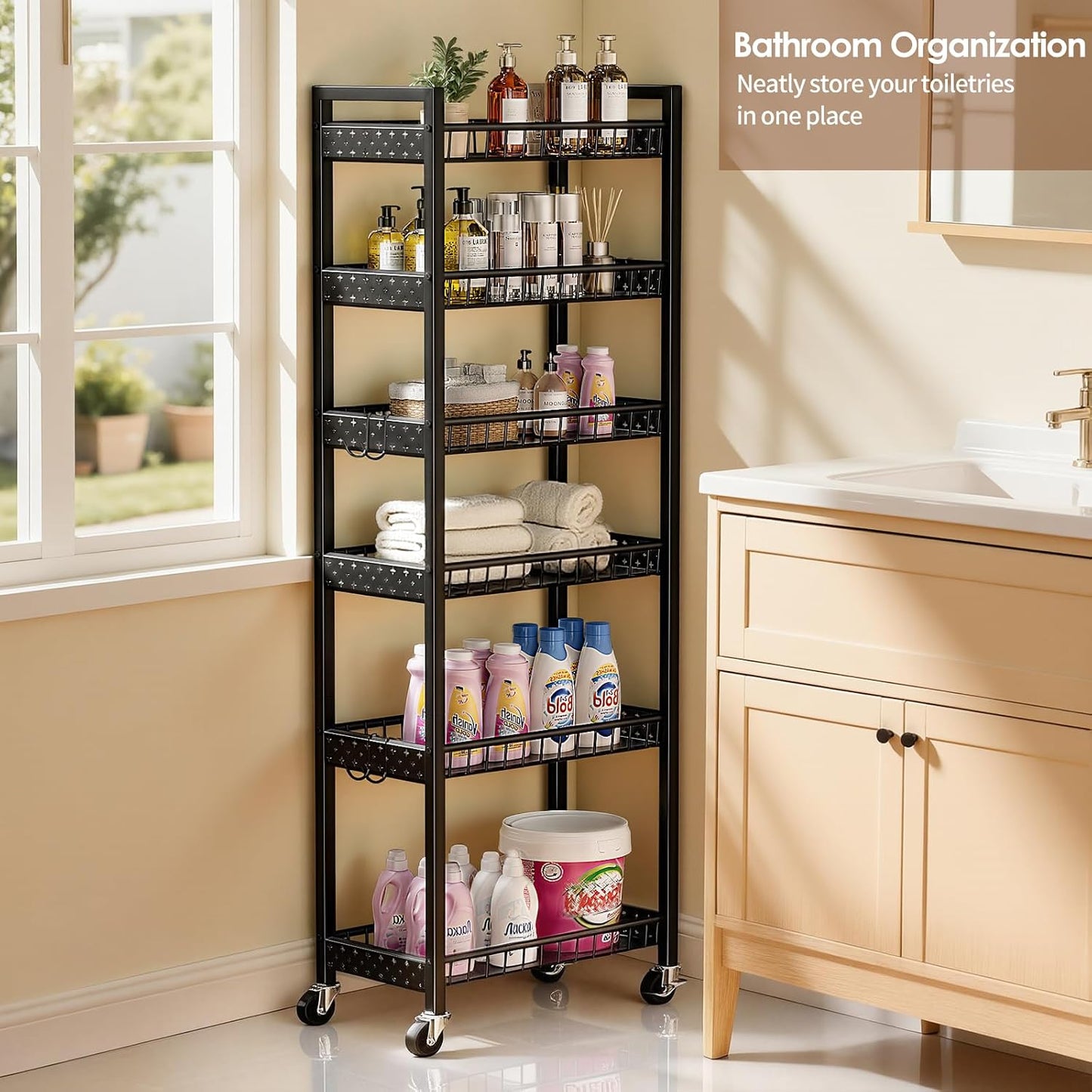 Slim Storage Rolling Cart, 4 Tier Narrow Cart with Wheels, Metal Kitchen Rolling Cart for Small Spaces, Slide Out Storage Shelves for Kitchen, Laundry Room, Bathroom, Living Room, 7.1in(W)