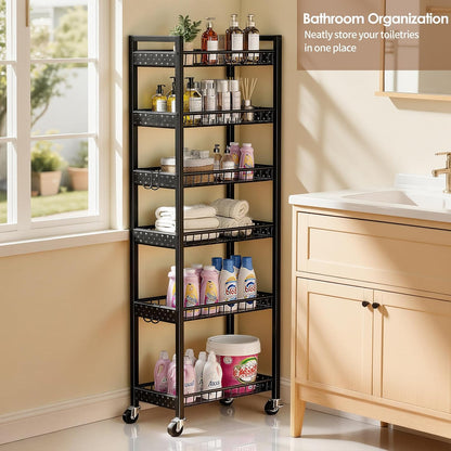 Slim Storage Rolling Cart, 4 Tier Narrow Cart with Wheels, Metal Kitchen Rolling Cart for Small Spaces, Slide Out Storage Shelves for Kitchen, Laundry Room, Bathroom, Living Room, 7.1in(W)