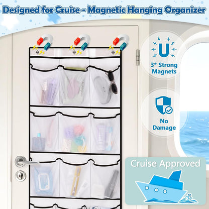 Over The Door Cruise Ship Organizer - Cruise Ship Magnetic Door Organizer with 15 Size-Graded Pockets, Hanging Magnetic Cruise Storage Shoe Rack for Cabin, 2026 Cruise Essential, 9 Hooks(White)