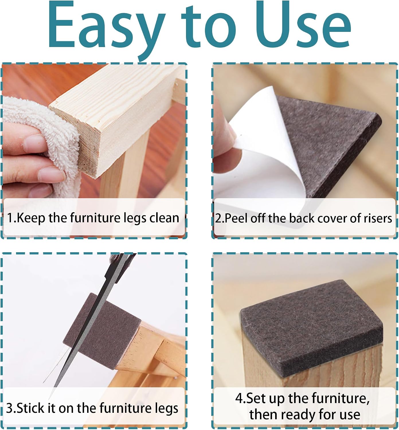 1.5inch Square Felt Furniture Pads, 16Pcs Self Adhesive Cuttable Felt Furniture Leg Pads Floor Protectors Furniture Sliders for Hardwoods Floors, Brown