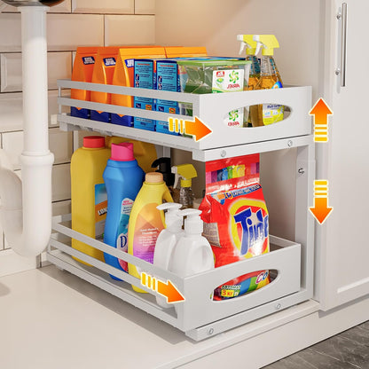 mixeshop Under Sink Organizer, 2 Tier Under Sink Organizers and Storage, Adjustable Height, Slide out Metal Cabinet Organizers, Pull out Cabinet Storage Drawer Shelf for Kitchen Bathroom (Black, 2)