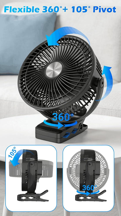 Meudeen 5000mAh Rechargeable Clip on Fan - 6 Inch Portable Fan - with Timer & LED Lantern - Battery Powered Golf Cart Fan - 5 Speeds Quiet Small Desk Fan for Camping - Stroller - Bedroom