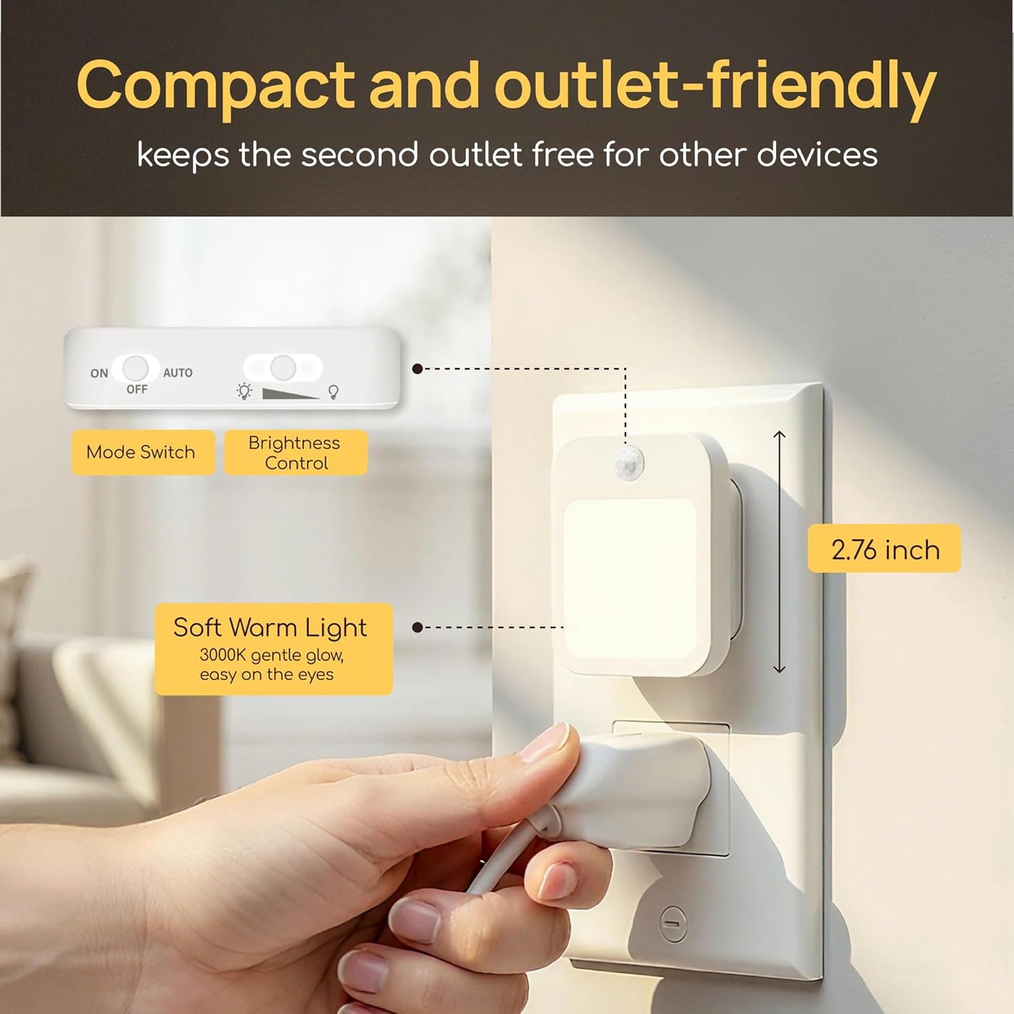 Plug-in Night Light with Motion Sensor, Dusk-to-Dawn Light Sensor, Stepless Dimming LED Night Lights for Bedroom, Hallway, Bathroom, Kids Room, Energy Efficient, 4-Pack