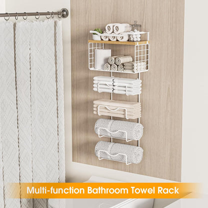 Towel Racks for Bathroom,Towel Rack Wall Mounted, 6 Tier Rolled Or Folded Towel Holder with Floating Shelves, Bathroom Towel Holder for Bath, Hand Towels,Metal and Wood