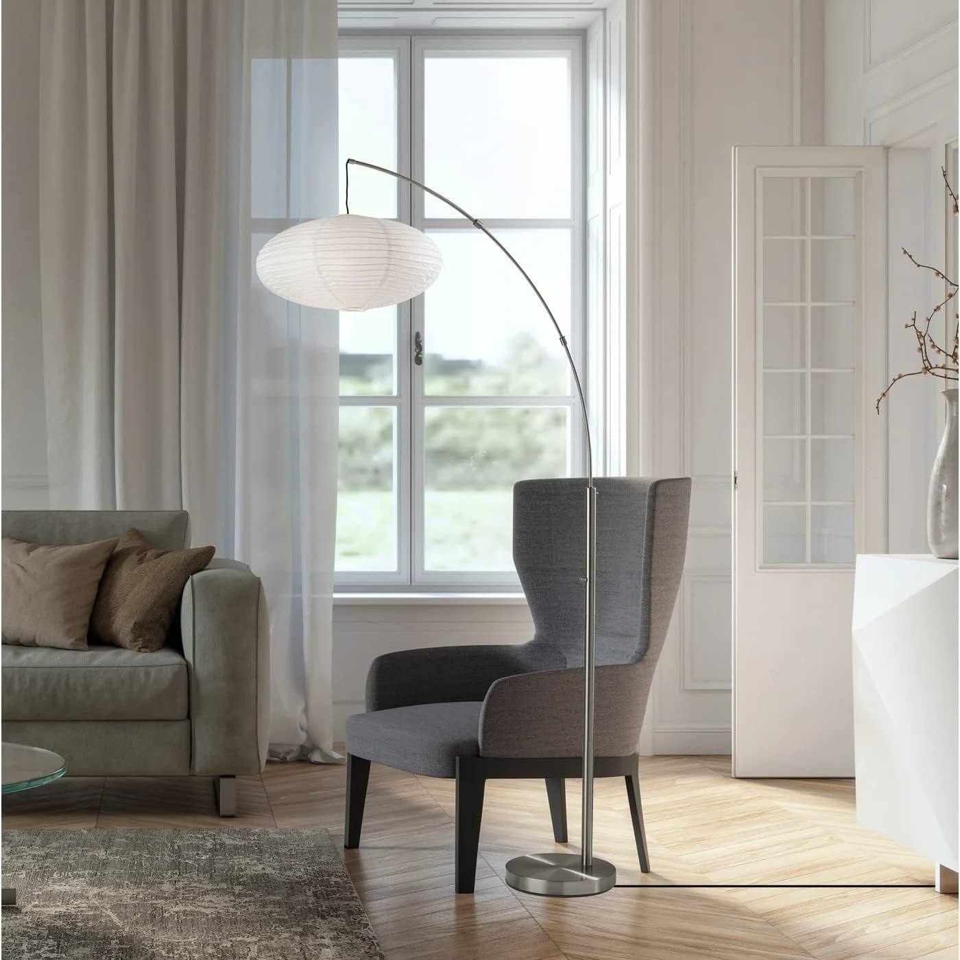 Adesso Arc Floor Lamp, 80” Tall Black Base, Oval Off-White Paper Shade – Convenient Overhead Lighting for Living Room, Nursery, Bedroom or Office