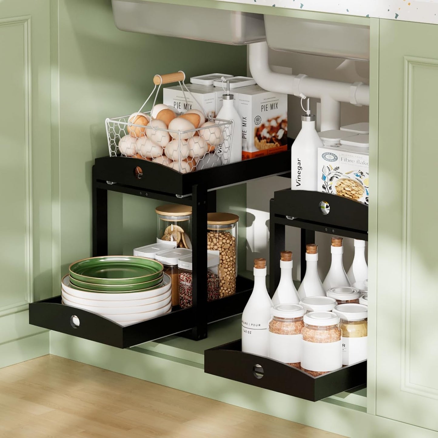 APRTAT 2 Pack Under Sink Organizer, Bamboo Wooden 2-Tier Pull-Out Storage with Sliding Drawers for Kitchen and Bathroom Cabinets, Easy Installation (Natural)