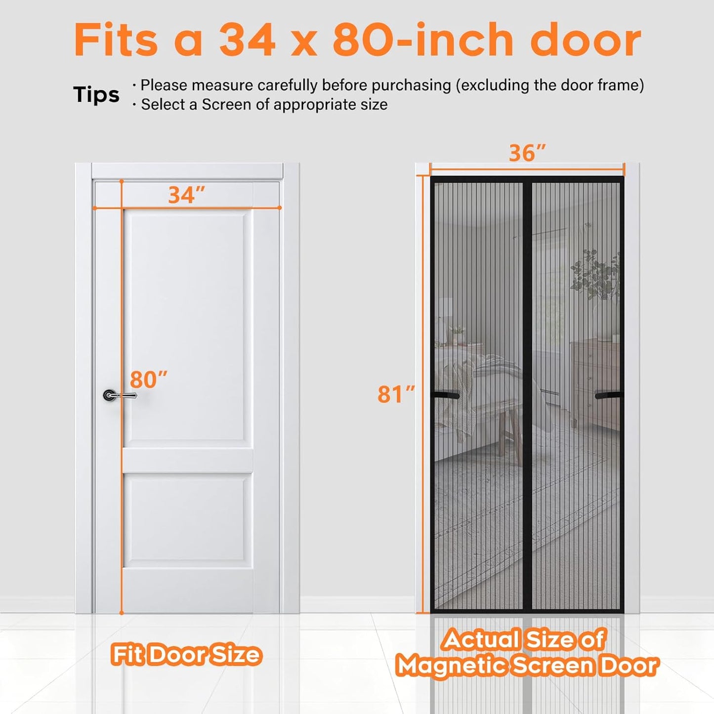 Magnetic Screen Door, Screen Door Mesh, Heavy-Duty Mesh Curtain, Door Net Keep Bugs Out, Hands Free Partition, Screen Size 38” × 83”, Fits 36” × 82” Doors, Pet & Kid Friendly, Black